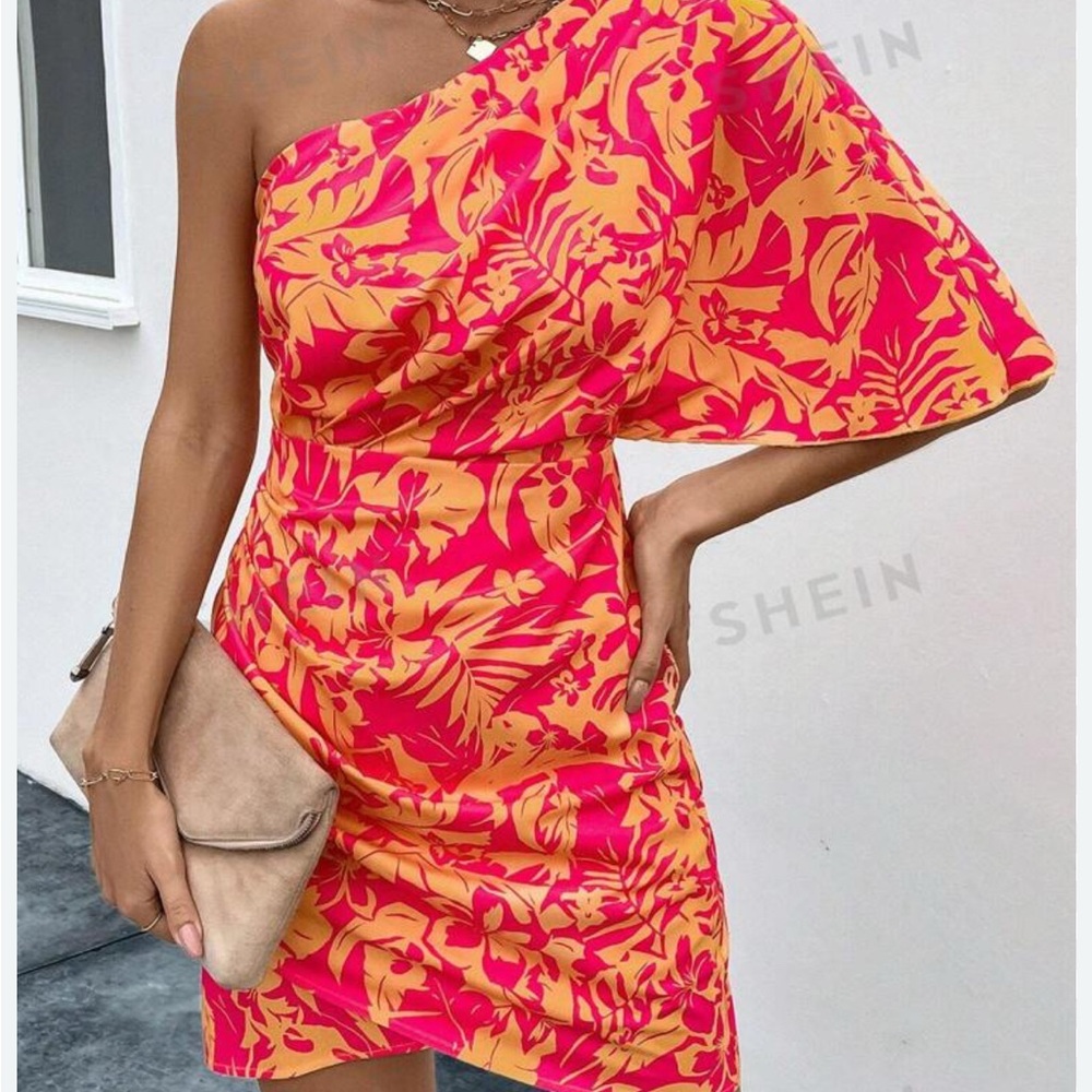 Vibrant One-Shoulder Dress in Pink and Orange